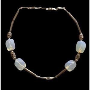 Sterling Silver Faceted Opalite Beaded Necklace Mexico Signed GAOI 18” 45g